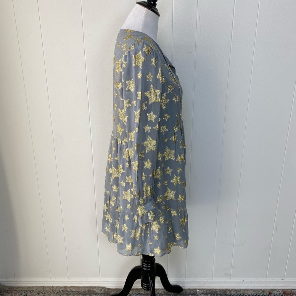 LOFT Dress Womens Medium Gray Gold Star Print Metallic Tiered Long Sleeve Lined - Picture 8 of 11